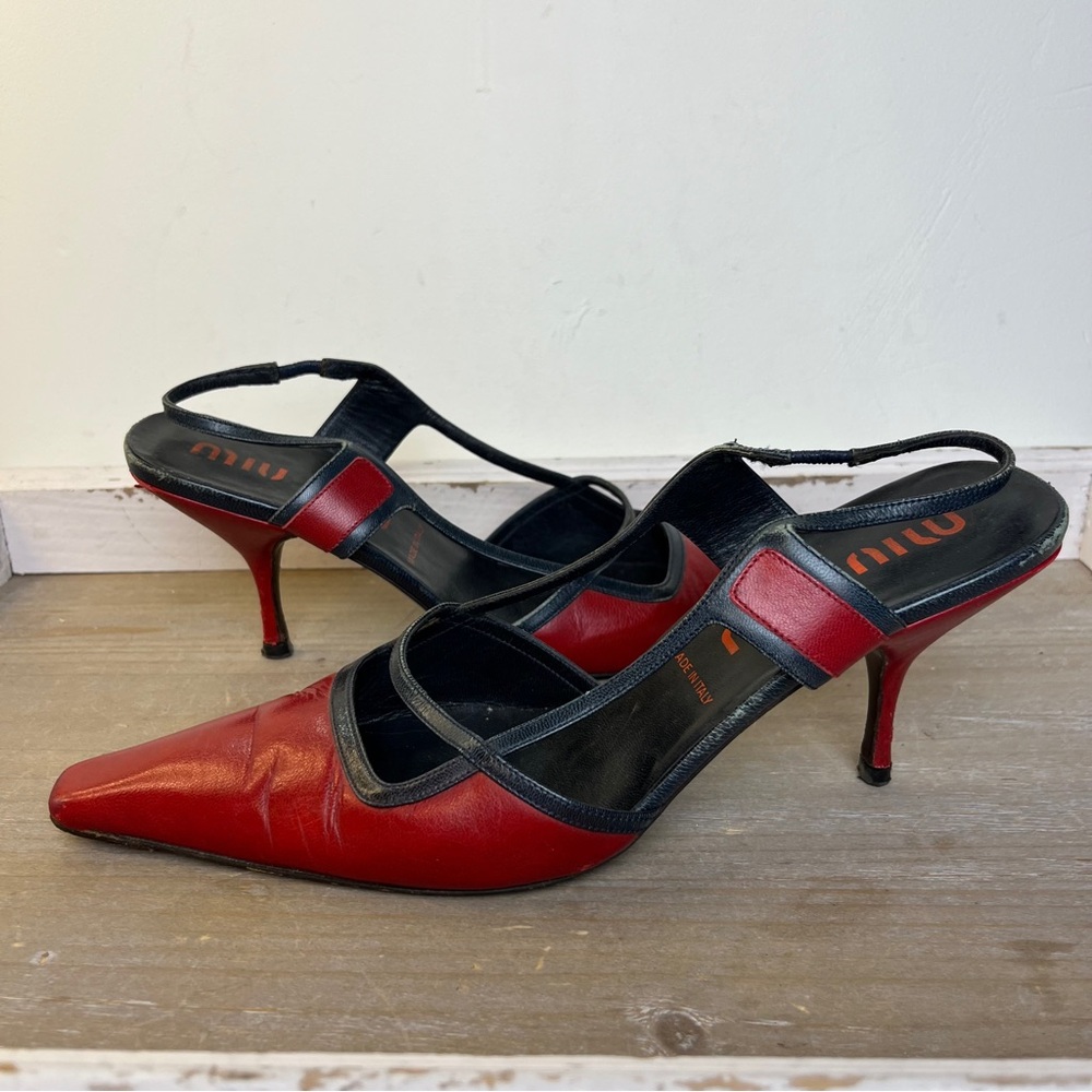 Miu Miu Red Leather Slingback Heels Square Toe Italy 38 Y2K Prada Grunge Punk - Picture 13 of 15